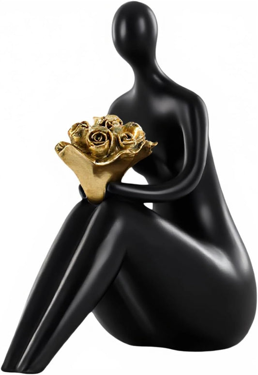 Black Abstract Figure Statue with Golden Flowers, Modern Resin Sculpture, Minimalist Art Figurine for Home or Office Decor, Elegant Gift for Art Enthusiasts