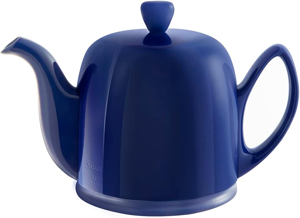 Degrenne Salam Luxury French Tea Pot - Porcelain Teapot with Stainless Steel Cover, Ceramic Tea Kettle for Loose Tea, Removable Infuser, 4 Cup Capacity, 24oz - Monochrome Blue