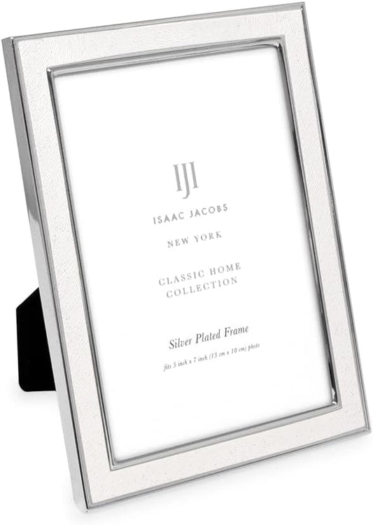 Isaac Jacobs 5x7 White Textured Leather (Vertical & Horizontal) & Silver Metal Picture Frame, with Black Fabric Easel, Wall-Mountable, Made for Tabletop, Home or Office (5x7, White W/ Silver)