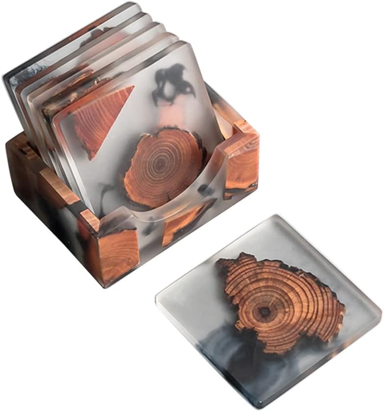 DIYOMR Set of 6 Wood Coasters with Holder, Resin Epoxy Coaster for Drinks, Cool Coaster Art for Home Office Coffee Bar Table Protection Decor (6 Square Set with Holder)