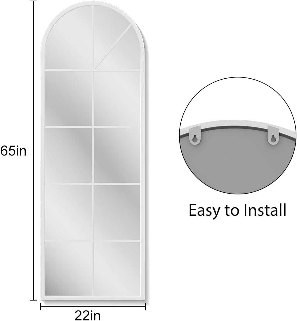Floor Full Length Mirror, White Arched-Top Mirror Full Length, Large Window Pane Body Mirrors, 65"x22" Wall Mounted Standing Mirrors Hanging or Leaning for Bedroom, No Stand