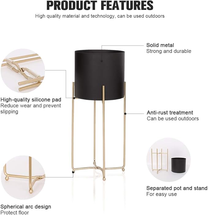 Sinolodo Mid Century Planter with Gold Plant Stand, 3 pcs Modern Planters for Indoor Plants, Metal Floor Planter Set with Foldable Stand(Pack of 3)