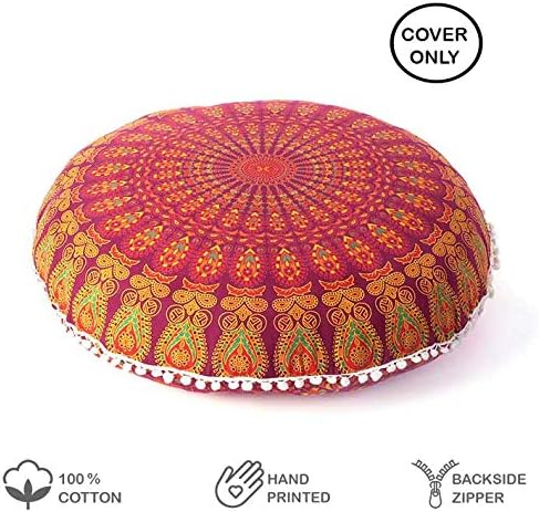 Eyes of India - Mandala Floor Pillow Cover Meditation Cushion Seating Throw Hippie Round Colorful Decorative Bohemian Indian Pouf Ottoman Handmade Cover ONLY (A1 Burgundy, 32" x 32")