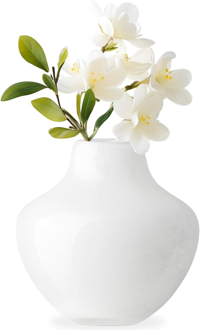 Torre & Tagus 4" Mouth Blown Art Glass Vase for Flowers - Opaque White Small Table Vase & Handmade Small White Accent for Modern Home Decor, Neutral Bud Vases as Decorative Shelf Decor or Wedding