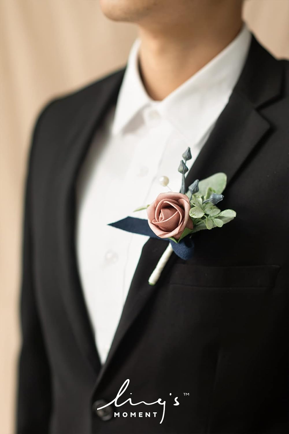 Ling's Moment Boutonniere for Men, 10pcs Groomsmen Guest Boutonniere, Artificial Flowers for Wedding Décor/Prom/Homecoming,etc.Dusty Rose Navy Blue
