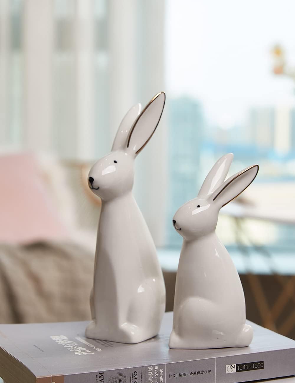 HAUCOZE 2pcs Rabbit Statue Bunny Decor Geometric Arts Modern Figurine Polyresin 7.6inch