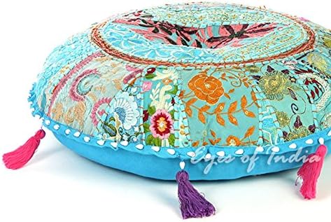 Eyes of India Round Floor Seating Meditation Patchwork Pillow Cushion Cover Colourful Decorative Throw Indian Bohemian Accent Boho Chic Handmade Cover Only (Light Blue, 32" x 32")
