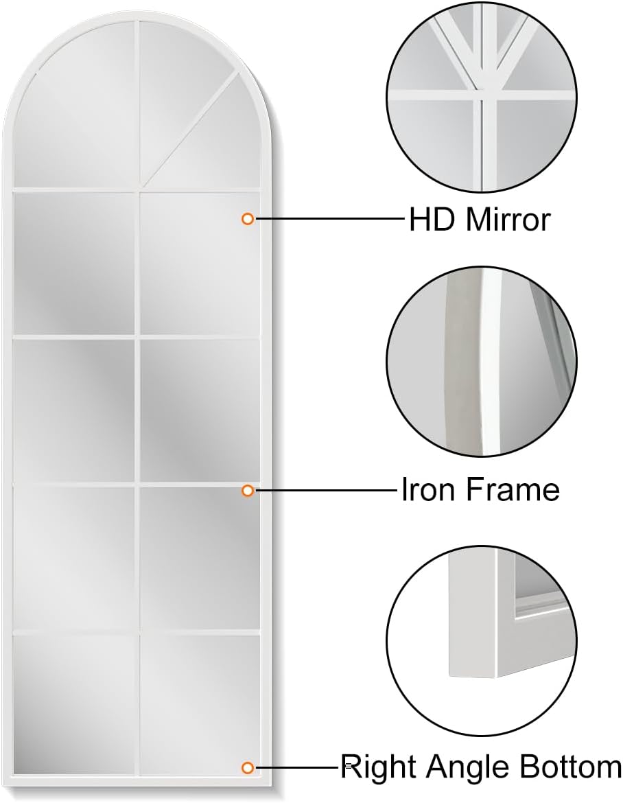 Floor Full Length Mirror, White Arched-Top Mirror Full Length, Large Window Pane Body Mirrors, 65"x22" Wall Mounted Standing Mirrors Hanging or Leaning for Bedroom, No Stand