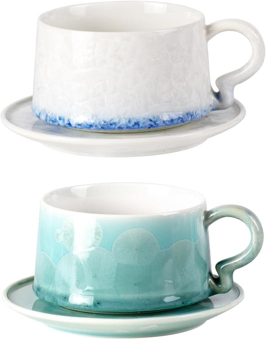 KAMMAK Tea Cups and Saucers Set of 2, Porcelain Coffee Cups, 7.5oz Crystalline Glaze Espresso Mugs, Ceramic Demitasse for Coffee, Cappuccino, Latte, Americano, Tea (Light green + Light blue)