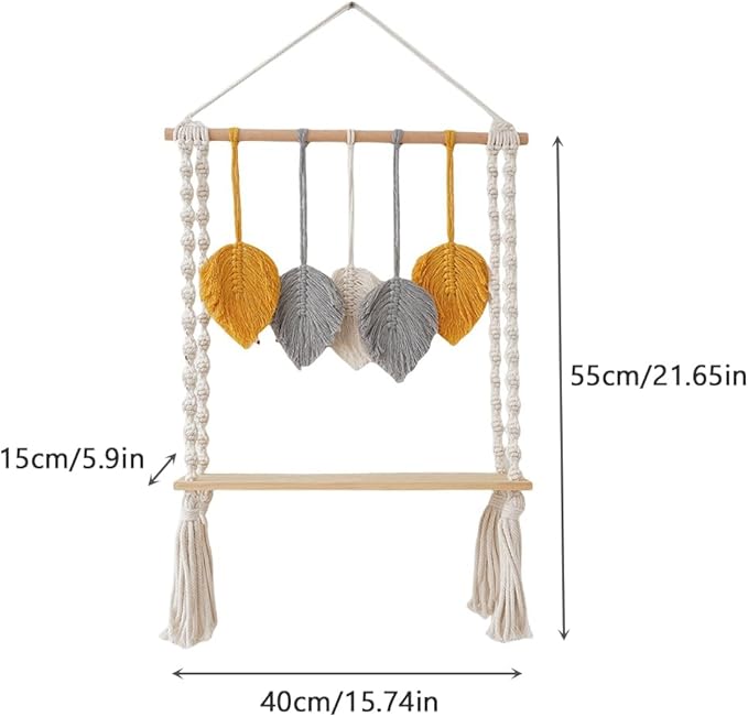 Macrame Wall Hanging Shelf, Bohemian Woven Tapestry Chic Woven Leaf Tassels Home Deco, Boho Handmade Wall Art Floating Shelf for Living Room, Bedroom, Nursery Backdrop, Apartment (White+Yellow+Grey)
