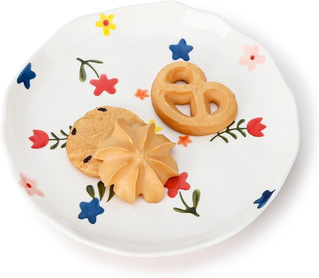 Koythin Ceramic Dessert Plates, Cute Fruits Dinner Plate, Creative Plates Design, Printed Flowers Dinnerware for Office and Home, Kitchen Plates for Desserts (White Floral)