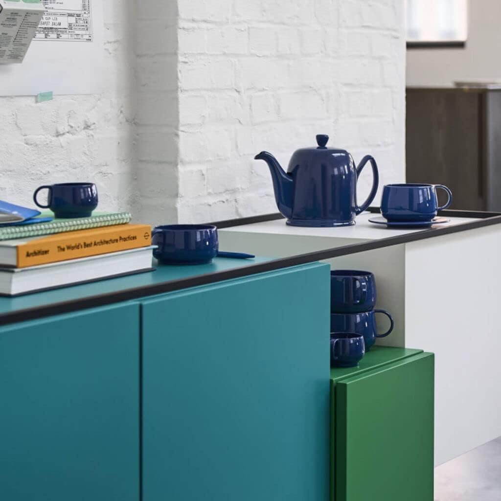 Degrenne Salam Luxury French Tea Pot - Porcelain Teapot with Stainless Steel Cover, Ceramic Tea Kettle for Loose Tea, Removable Infuser, 6 Cup Capacity, 36oz - Monochrome Blue