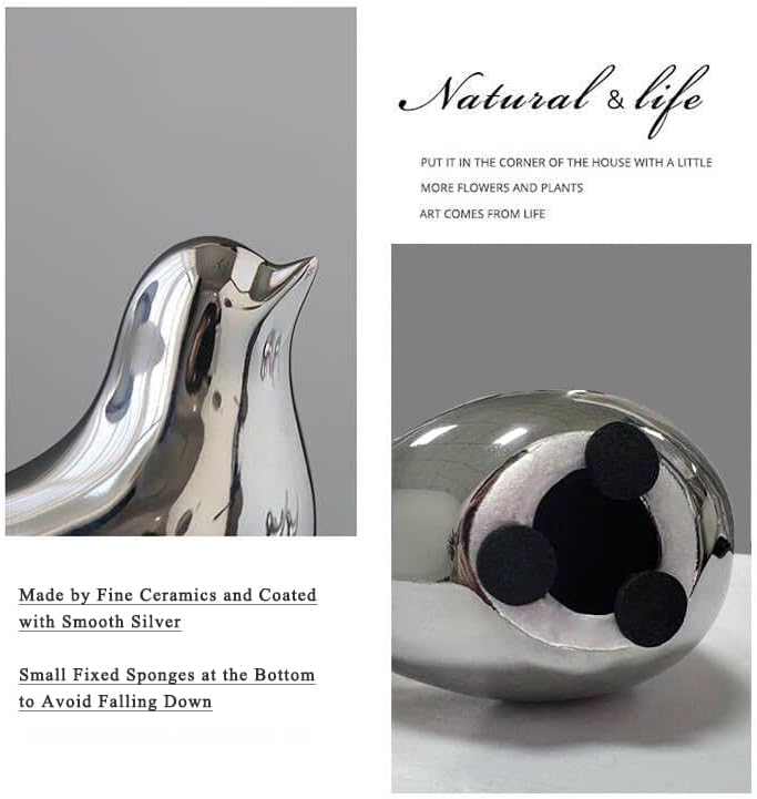 FANTESTICRYAN Small Birds Statues Gold Home Decor Modern Style Figurine Decorative Ornaments for Living Room, Bedroom, Office Desktop, Cabinets (M&L, Silver)