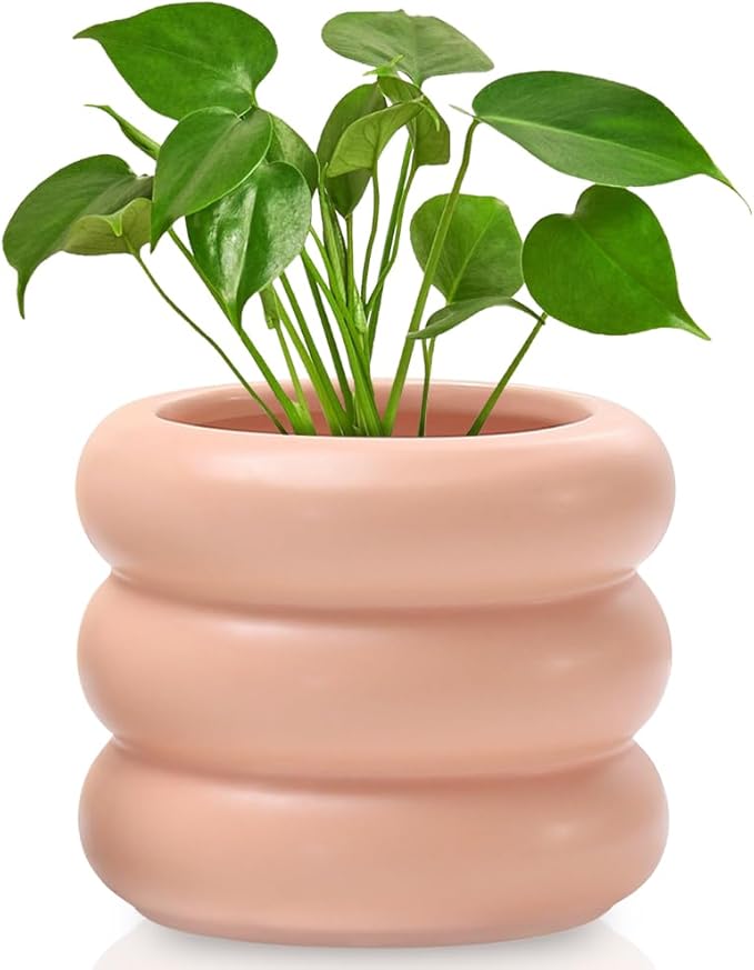 4.7 Inch Modern Plant Pot Pink Ceramic Glaze Succulent Planters for Indoor Unique Pots, Planter with Drainage Holes Small Bubble Porcelain for Herb Snake Plants
