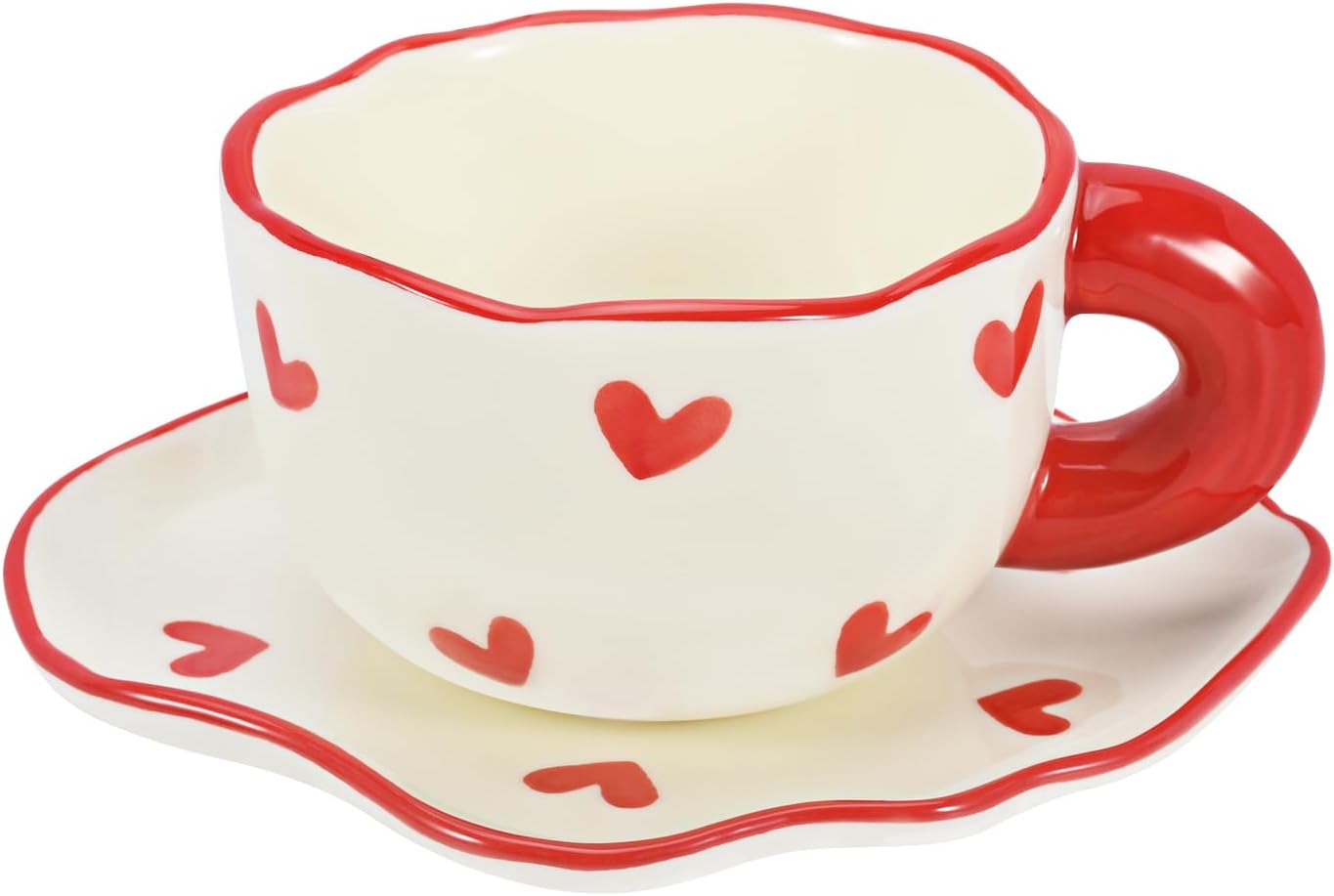 Koythin Ceramic Coffee Mug Saucer Set, Cute Creative Cup with Heart Pattern Saucer Design for Office and Home, Dishwasher and Microwave Safe, 6 oz/180 ml for Latte Tea Milk (Red Heart)