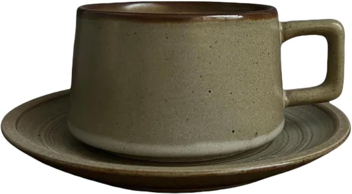 Japanese Simple Stoneware Coffee Cup and Saucer Set - Vintage Ceramic Teacup Mug Gift Box - Home Office Afternoon Tea Set