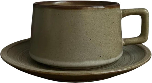 Japanese Simple Stoneware Coffee Cup and Saucer Set - Vintage Ceramic Teacup Mug Gift Box - Home Office Afternoon Tea Set