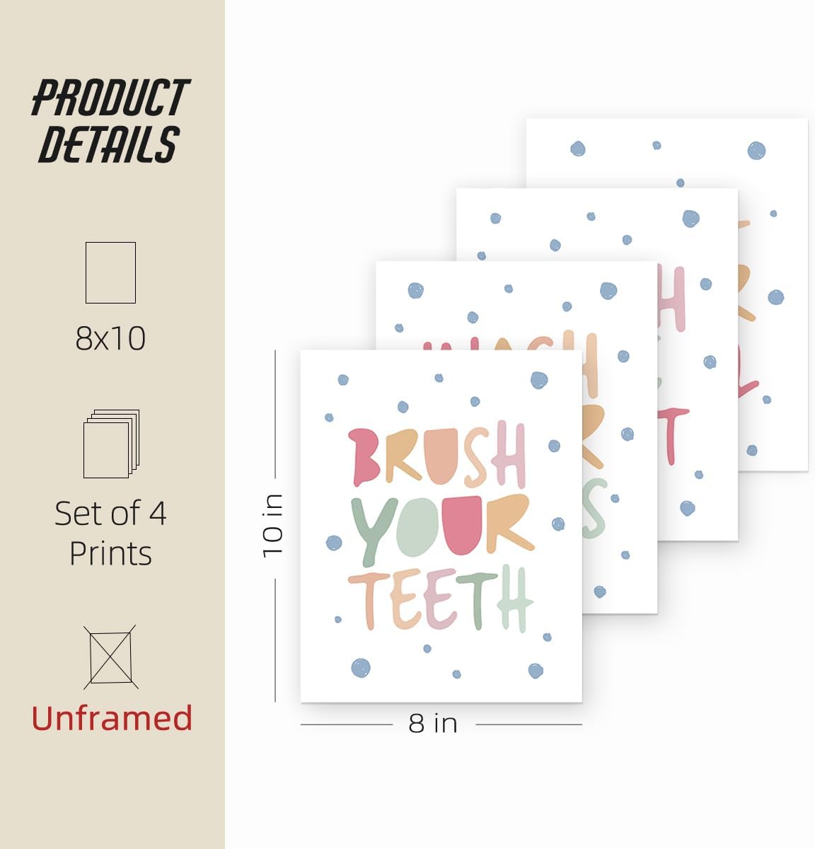 ETVISO Kids Bathroom Decor Set of 4, Kids Bathroom Wall Decoration Prints, Wash Your Hands Sign Decoration, 8x10 (Unframed)