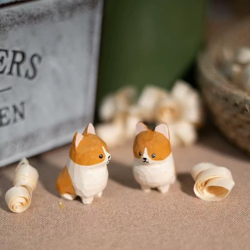 Handcrafted Wooden Corgi Figurine – 1.8" Small Dog Statue Carved from Natural Wood – Cute Knick Knack Home Decor – Gift for Dog Lovers & Collectors