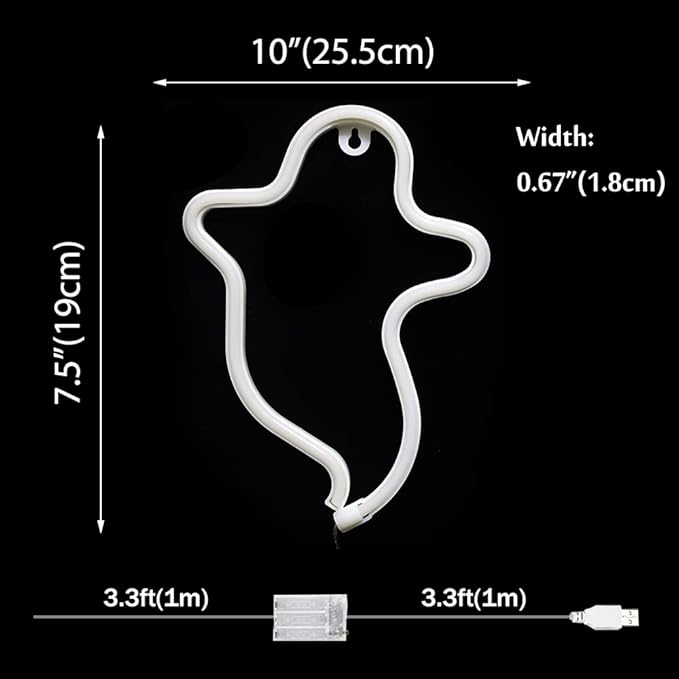 White Ghost Halloween Lights Neon Signs, Gothic Shaped Lamp USB/Battery Operated Night Lights for Home, Wall, Festival, Party, Christmas Decor-Ghost(White)