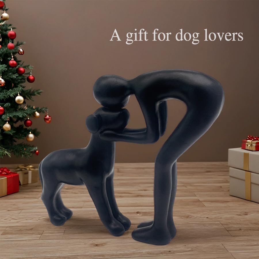 Human and Dog Statue Decoration, Cute Pet Sculpture Home Decor Tabletop Ornament Figurines Office Living Room Bedroom Home, for Dog Lovers Friends Family Decoration, Black Color