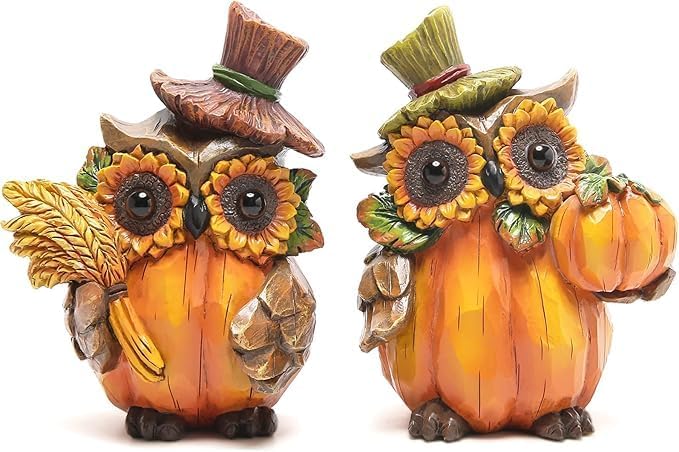 Hodao Harvest Decor Resin Owl Figurines with Sunflower and Pumpkin, Thanksgiving Collectible Statue for Autumn Table Decor, Rustic Fall Accent Gift for Home and Garden Seasonal Decoration