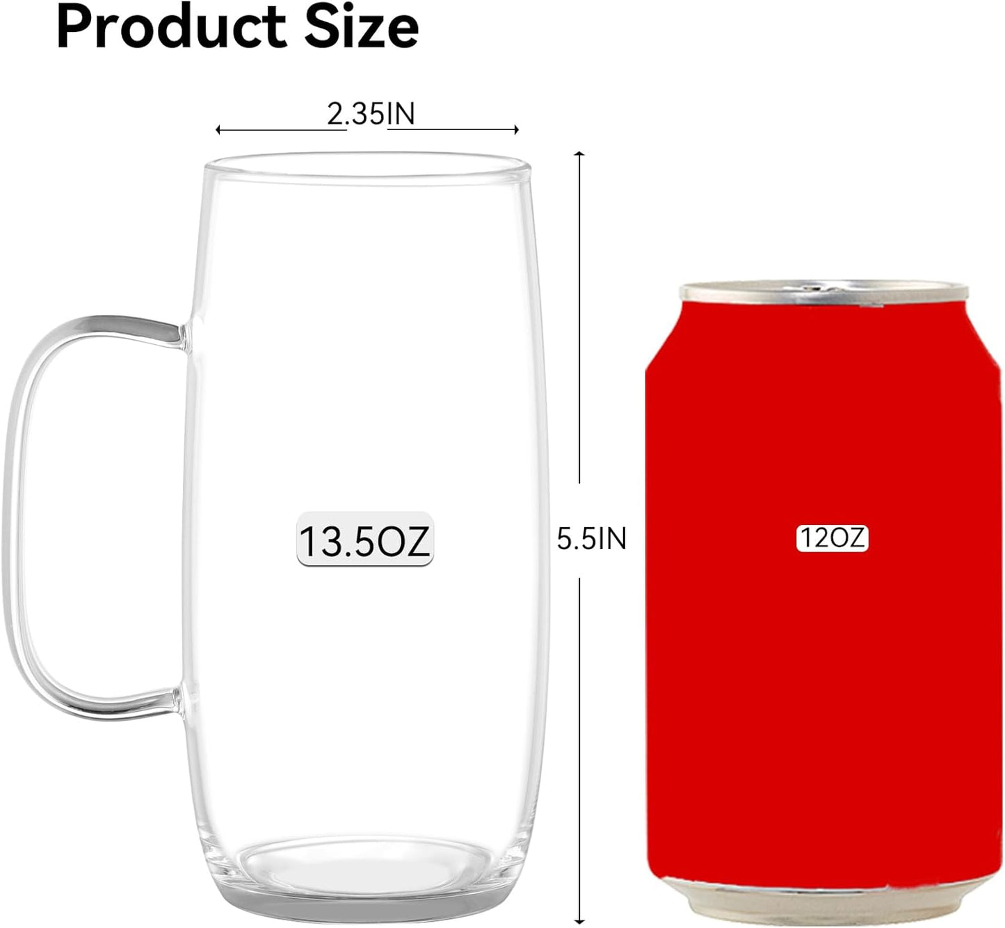 Glass Tea Cups Set of 2-13.5 Oz Clear Borosilicate Teacups with Handle Tea Glasses for Hot/Cold Dishwasher & Microwave Safe Large Coffee Mugs for Cappuccino Latte Juice Espresso Milk