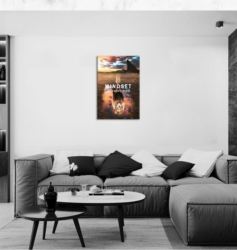 Mindset is Everything Inspirational Canvas Wall Art Small Cat and Big Lions Entrepreneur Quotes Poster Print Artwork Painting Picture for Home Office Living room Wall Decor Framed[24"W x 36"H]