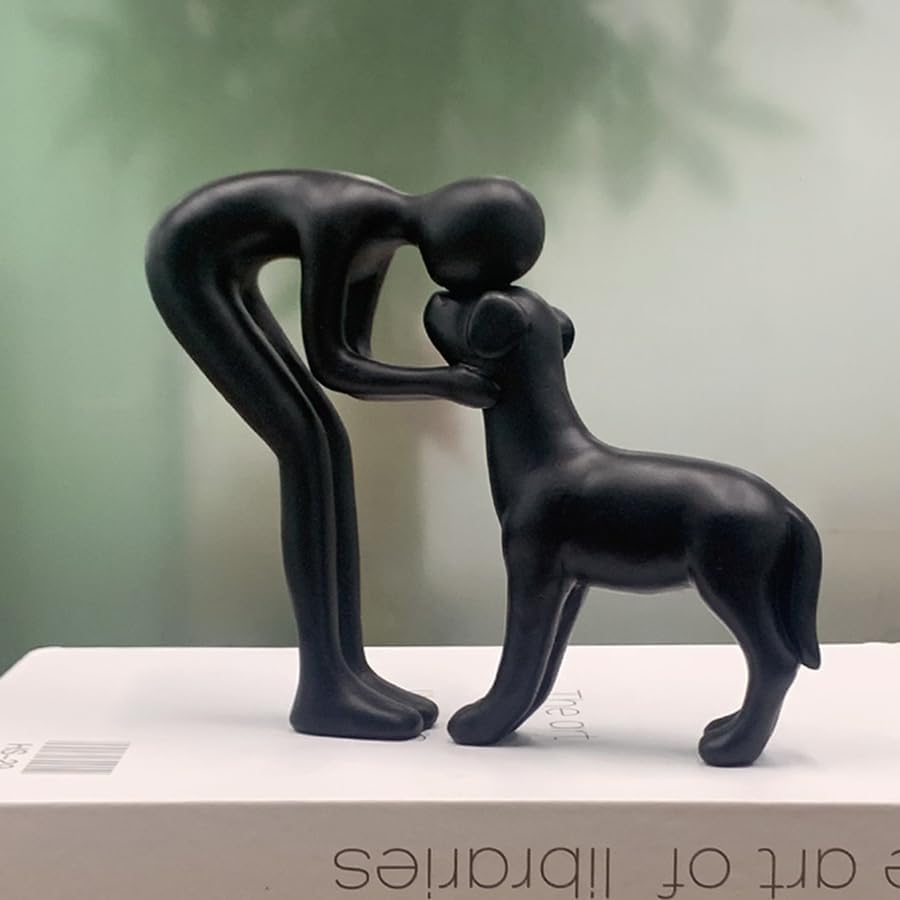 Human and Dog Statue Decoration, Cute Pet Sculpture Home Decor Tabletop Ornament Figurines Office Living Room Bedroom Home, for Dog Lovers Friends Family Decoration, Black Color