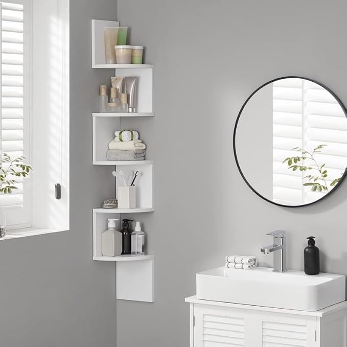 VASAGLE Corner Shelf Wall Mount, 5-Tier Floating Corner Bookshelf, Plant Shelf for Bedroom, Living Room, Bathroom, Home Office, Cloud White