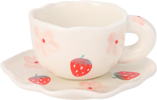 Koythin Ceramic Coffee Mug with Saucer Set, Cute Creative Cup Unique Irregular Saucer Design for Office and Home, 6 oz/180 ml for Latte Tea Milk (Strawberries and Flowers)