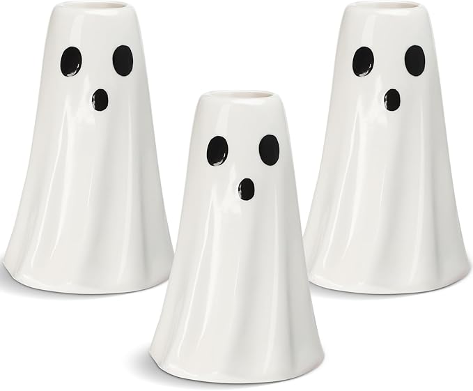 3 Pcs Halloween Ghost Candlestick Holders Cute Ghost Shape Candle Stick Holders Halloween Ceramic Taper Ghost Candle Holder for Halloween Wedding Party Holiday Office Home Decor Gift