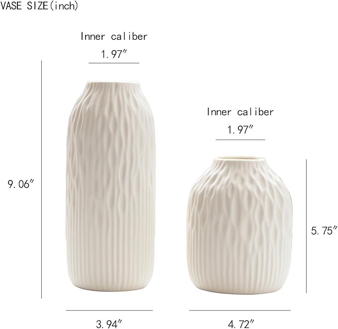 White Ceramic Flower Vase Set of 2, Porcelain Cylindrical Dried Flowers Holder, Decorating for Drawing Room/Table/Study/Office Entryway, Modern Simple Boho Style (White)