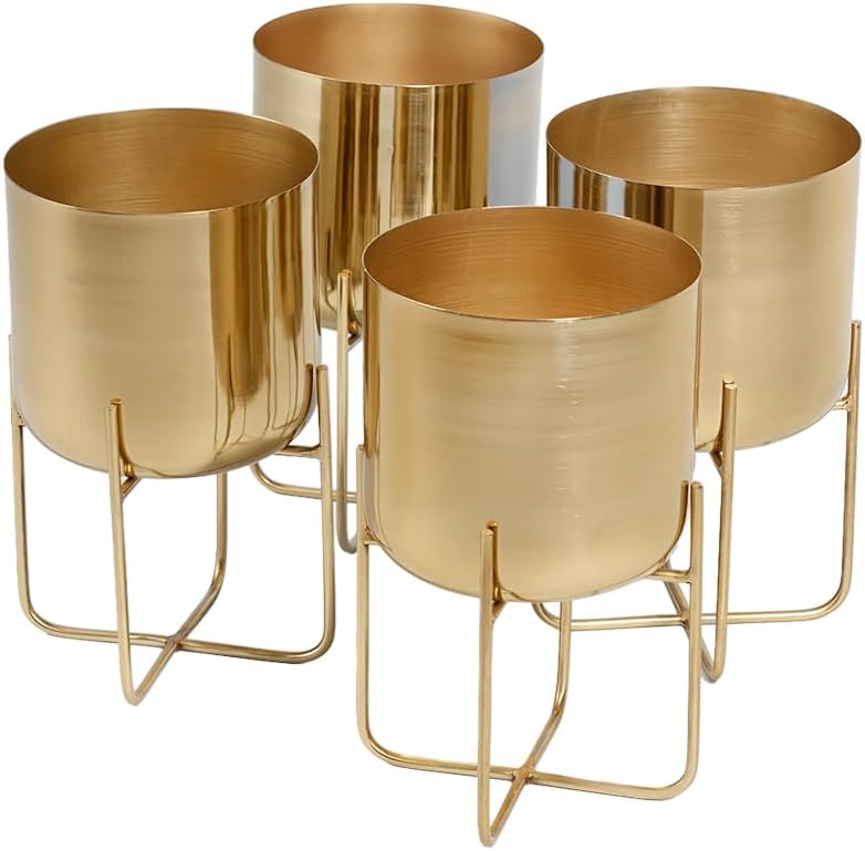 Serene Spaces Living (Set of 4 Short Gold Planter with Detachable Metal Stand, Decorative Indoor Planter Pot, Flower Pots Stand for Living Room, Kitchen, Office, Measures 13" Tall and 7.25" Diameter