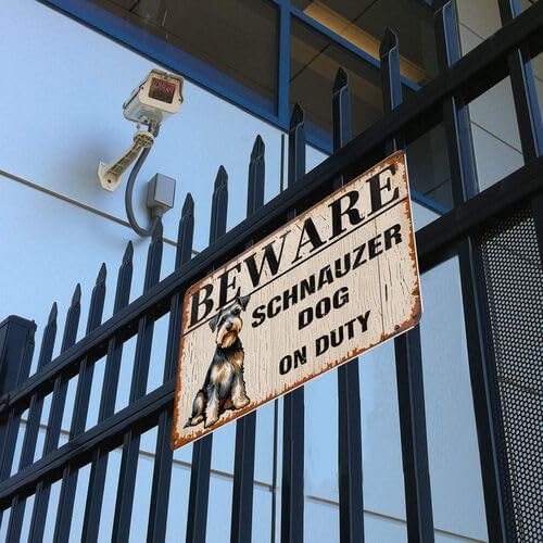 Beware Schnauzer Dog on Duty Metal Sign - Vintage Rustic Iron Wall Decor with Humorous Warning Design, 8x12 Inch Weather-Resistant Outdoor/Indoor Sign for Home, Office, Bar, Kitchen, Garage