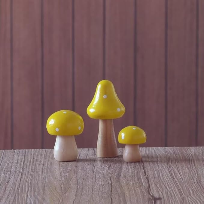 3Pcs Mushroom Decor Wooden Mini Figures Fairy Garden Accessories 2.9in 1.8in 1.2in Cute Miniature Mushrooms Home Decor for Bedroom Office Bonsai Fairy Garden Yellow