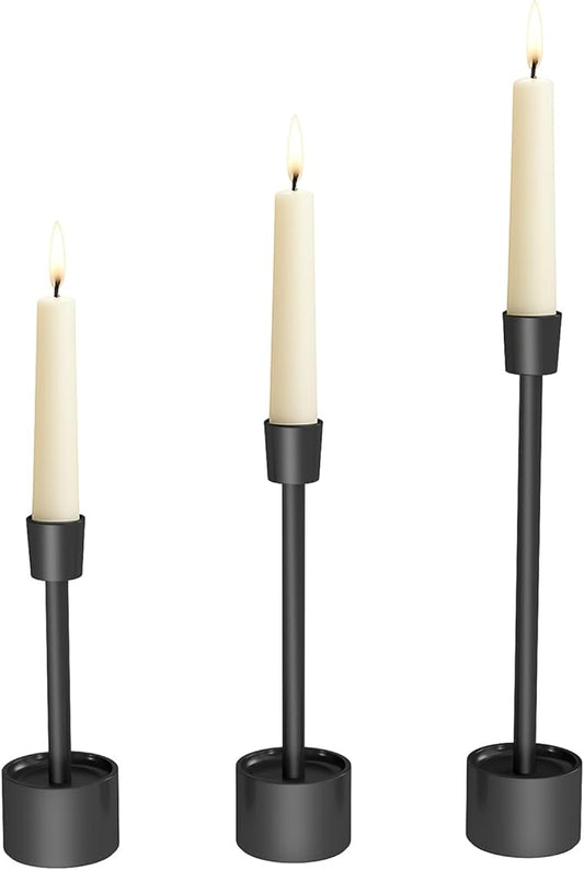 YUMORE Small Candle Holders - Pillar Candle Solid Stainless Steel Stands for Halloween, Wedding Centerpieces, Dining Table, Mantel Decor, Modern Farmhouse, Matte Black 3-Packs