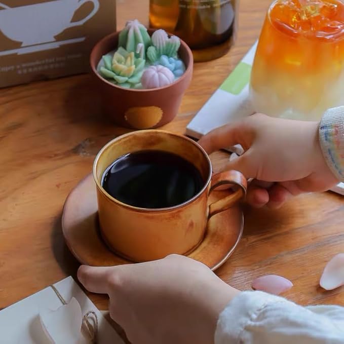 Vintage Fall Yellow Ceramic Coffee Mug with Saucer Set 9.5 Oz Porcelain Coffee Mug Set for Cappuccino,Lattes,Tea,Coffee Lovers Thanksgiving Gifts CM10 (Yellow 01)