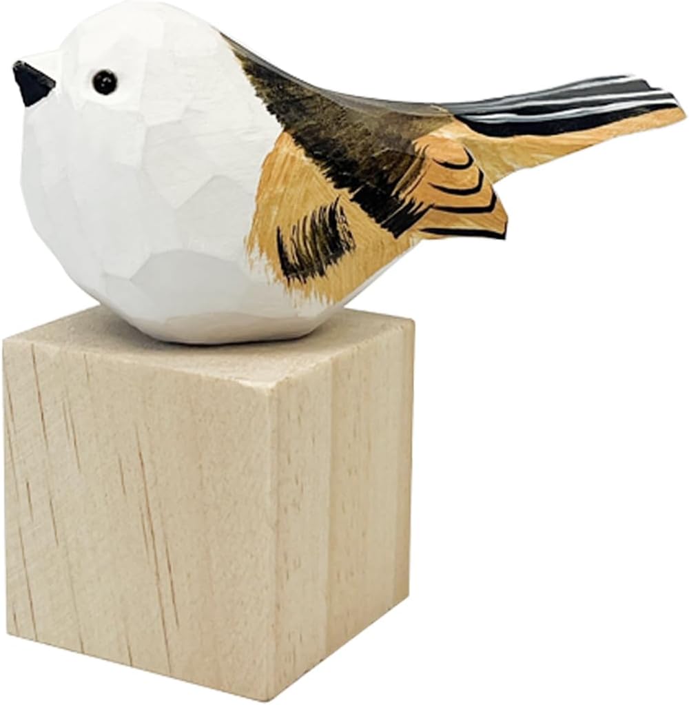Hand Carved Bird Figurines, Hand-Painted Sculpted Wooden Birds, Wood Bird Sculptures for Home Decoration, Hand Crafted Life Like Bird Statues, Ideal Gifts for Bird Lovers (Long-Tailed Tit)