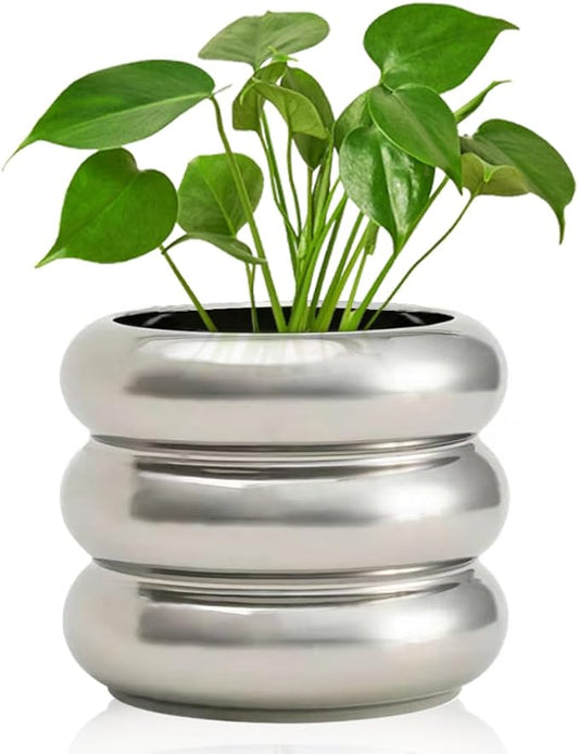 Modern Plant Pot 6.5 Inch Silver Ceramic Planters for Indoor Plants Planter Pots with Drainage Holes Small Ceramic Pots Bubble Flowerpot for Home & Office Decor