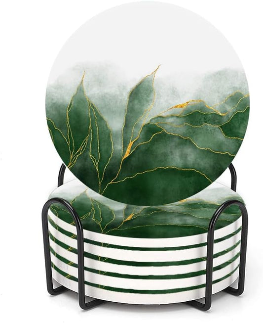 LOKMU Coasters for Drinks,Round Absorbent Ceramic Stone Coaster Sets of 6 with Metal Holder Stand,Green Paint and Golden Shiny Veins Coasters with Cork Base for Coffee Wooden Table,Housewarming Gifts