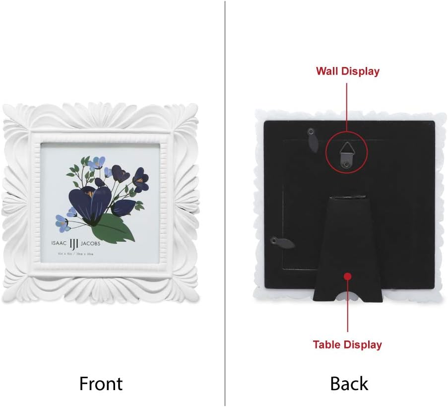 Isaac Jacobs 4x4 White Wave Textured Hand-Crafted Resin Picture Frame with Easel & Hook for Tabletop & Wall Display, Decorative Swirl Design Home Décor, Photo Gallery, Art, More (4x4, White)