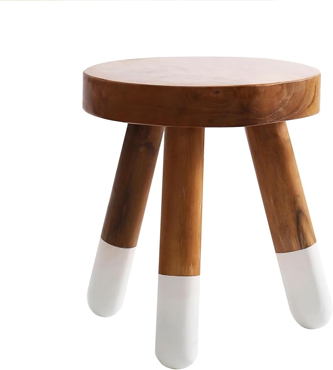 Teak 12" Round Dip Dyed Wood Plant Stand | Wood Accent Stool | Bath Stool | Milking Stool (12" Tall White)