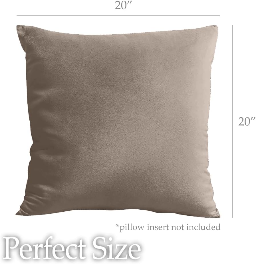 lalaLOOM Velvet Throw Pillow Covers, Set of 2, 20x20 Decorative Square Pillows Home Decor, Soft Accent Cases, Silky Machine Washable Pillowcases for Sofa, Couch, Bedroom, Living Room, Taupe