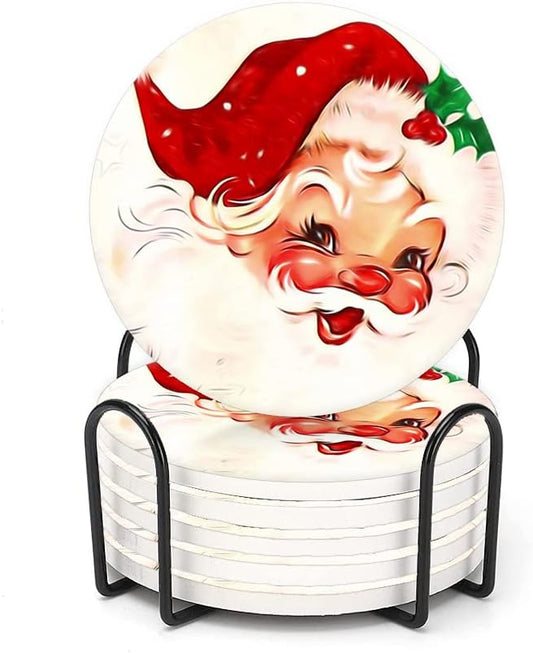 LOKMU Coasters for Drinks,Round Absorbent Ceramic Stone Coaster Sets of 6 with Metal Holder Stand,Vintage Santa Claus Coasters with Cork Base for Coffee Wooden Table,Housewarming Gifts,Christmas