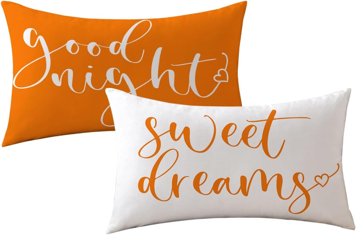 Bedding Decorative Lumbar Pillowcases Sweet Dreams Good Night Cushion Covers Sleep Themed Decorative Throw Pillow Covers 12''x20'',2Pack Super Soft for Bedroom Guest Room Housewarming Gifts (Orange)