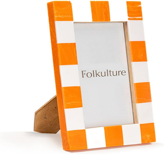 Folkulture Picture Frame | Stylish Marble Resin Unique 4x6 Photo Frame | Modern Wall Decor - Aesthetic Birthday Gift | Fall Orange & White Creative Photo Frame | Boho Living Room Home Decor