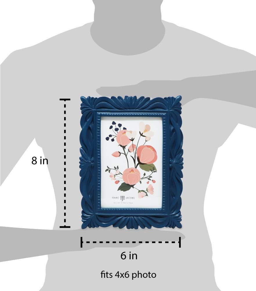 Isaac Jacobs 4x6 Navy Wave Textured Hand-Crafted Resin Picture Frame with Easel & Hook for Tabletop & Wall Display, Decorative Swirl Design Home Décor, Photo Gallery, Art, More (4x6, Navy)