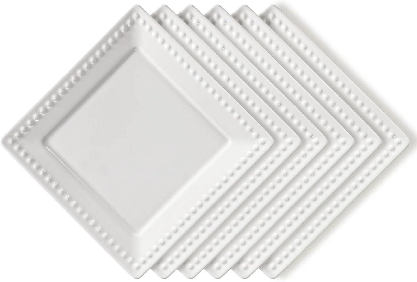 Embossed Ceramic Appetizer & Dessert Plates - Set of 6, 6 inch White Square Dinner Plates for Snack & Restaurant, Dishwasher & Microwave Safe