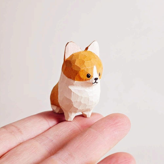 Handcrafted Wooden Corgi Figurine – 1.8" Small Dog Statue Carved from Natural Wood – Cute Knick Knack Home Decor – Gift for Dog Lovers & Collectors